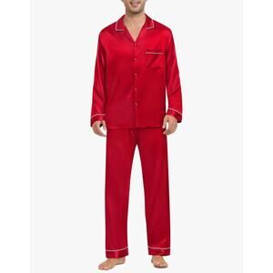 SWOMOG Mens Silk Pajamas Set Satin Long Sleeve Button Down 2 PCS Size M (C175)
